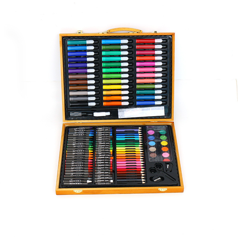 Wooden box 150 piece  case deluxe art set kit with coloring oil watercolor acrylic paint crayons marker pen pencil