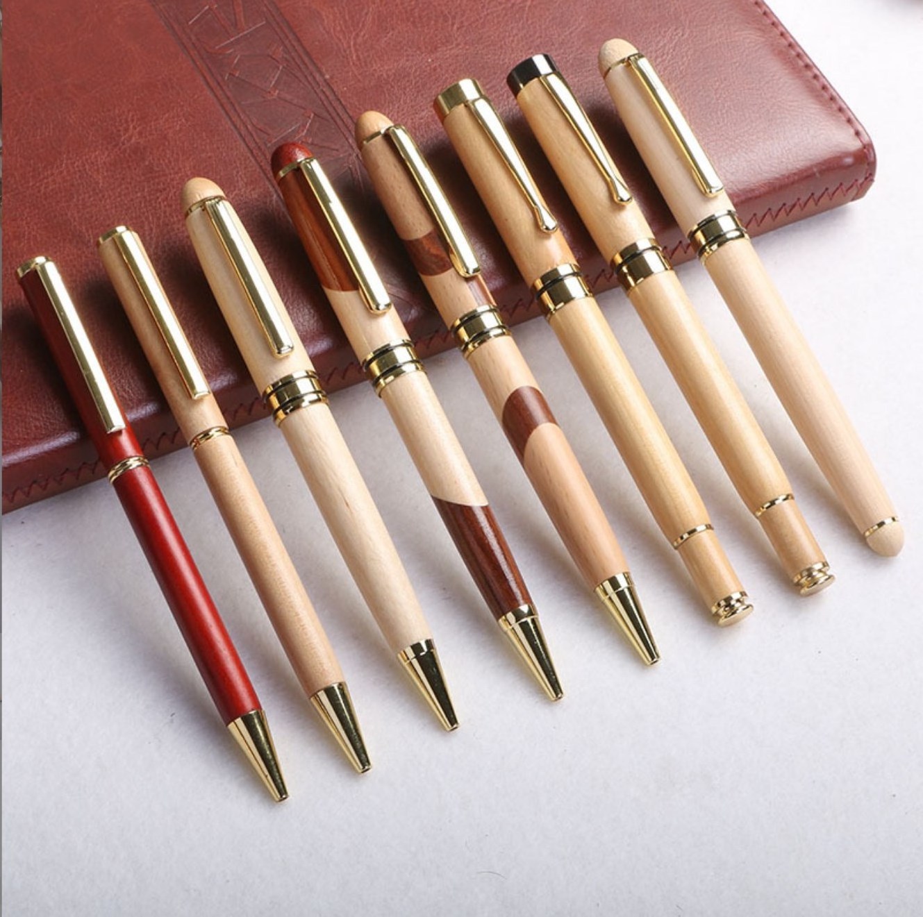 Classical Luxury Maple Wooden Ballpoint Pen with Wood Package Box Foldable Bamboo Ink Pen in Pencil Cases