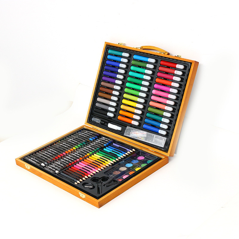 Wooden box 150 piece  case deluxe art set kit with coloring oil watercolor acrylic paint crayons marker pen pencil