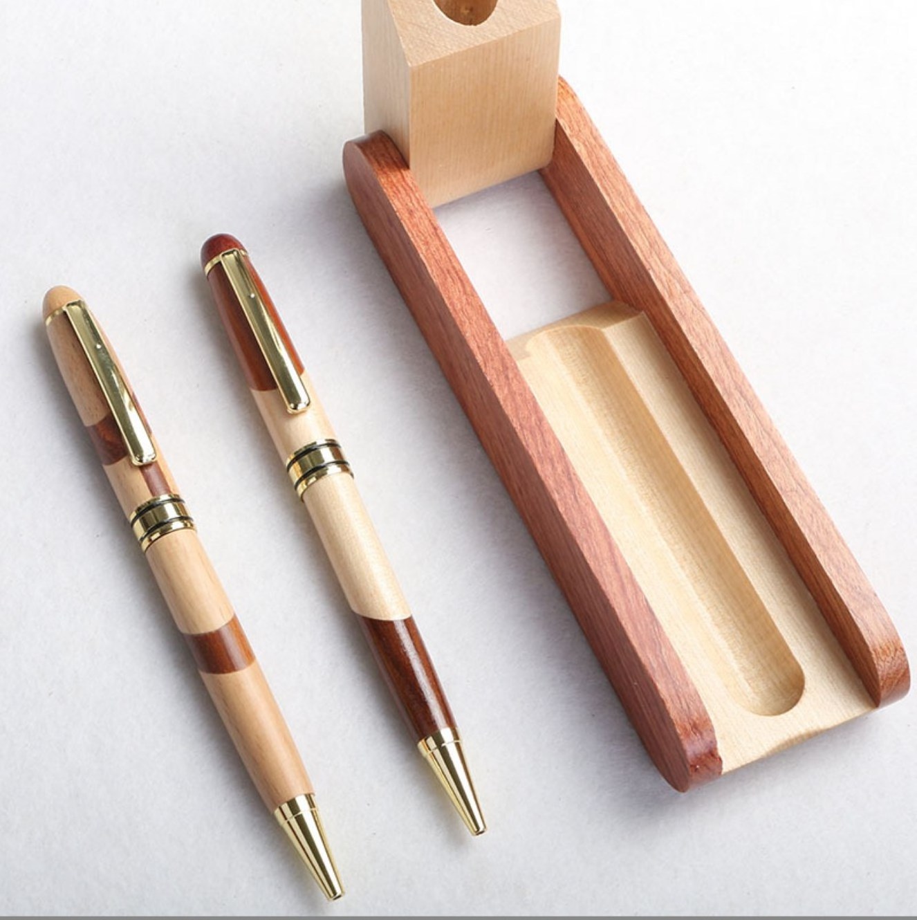 Classical Luxury Maple Wooden Ballpoint Pen with Wood Package Box Foldable Bamboo Ink Pen in Pencil Cases