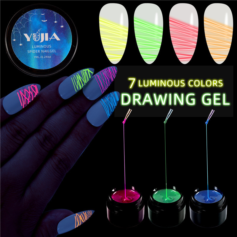 New 7Colors Nail Art Luminous Drawing Gel Line Uv Gel Nail Fairy Polish Glue  Elastic Painting Spider UV Nail Gel Polish Set