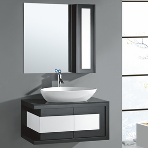 floor mounted black bathroom cabinet with marble top  ceramic basin with mirror