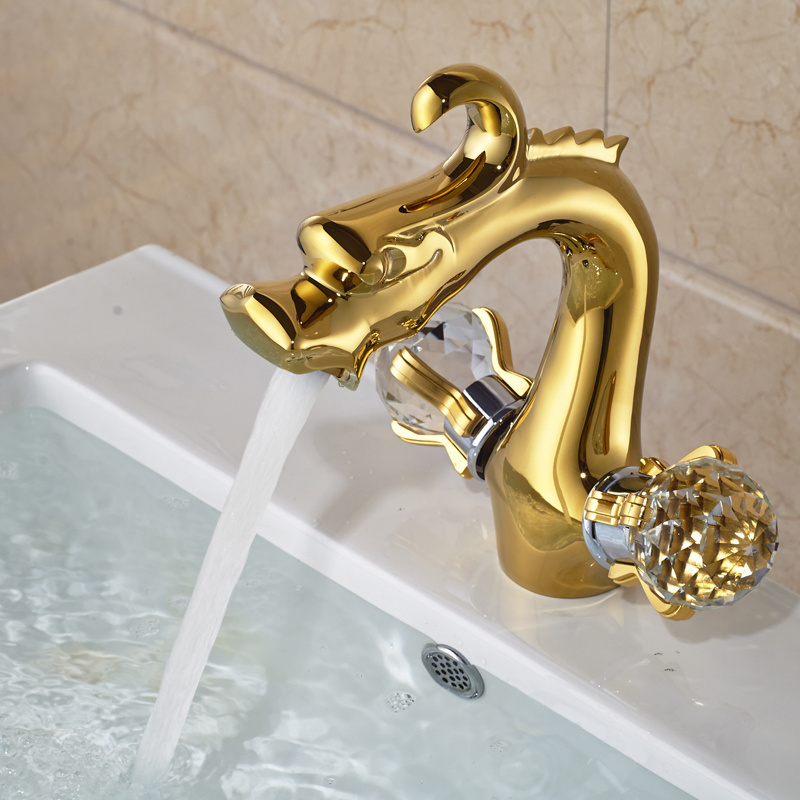 Luxury Golden Dragon Shape Dual Cristal Handles Basin Faucet Bathroom Brass Basin Vanity Sink Mixer Tap