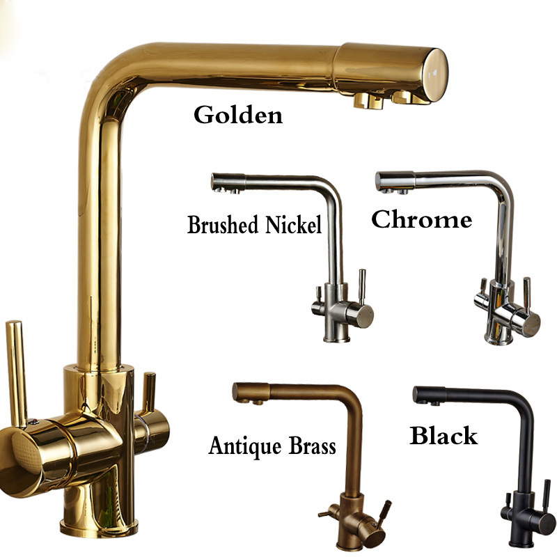 Antique Brass 3 Way Pure Water Filter Kitchen Faucet with 2 Handle Hot And Cold Mixer Tap