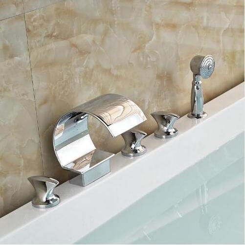 Deck Mounted Hand Sprayer Bathtub Mixers 5 Install Holes Triple Handles Waterfall Spout Brass Tub Faucet