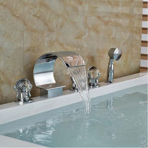 Deck Mounted Hand Sprayer Bathtub Mixers 5 Install Holes Triple Handles Waterfall Spout Brass Tub Faucet