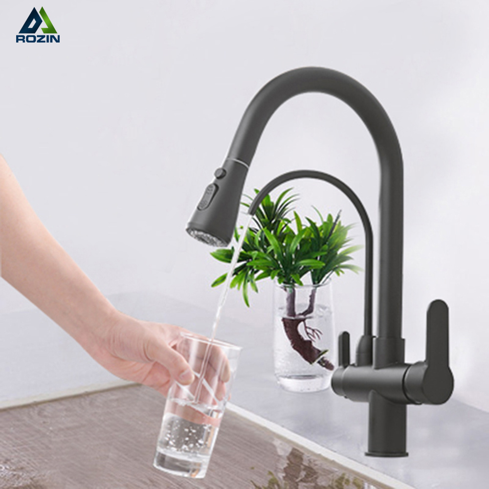 Rozin Matte Black Filtered Crane For Kitchen Pull Out Spray 360 Rotation Water Filter Tap Three Ways Sink Mixer Kitchen Faucet