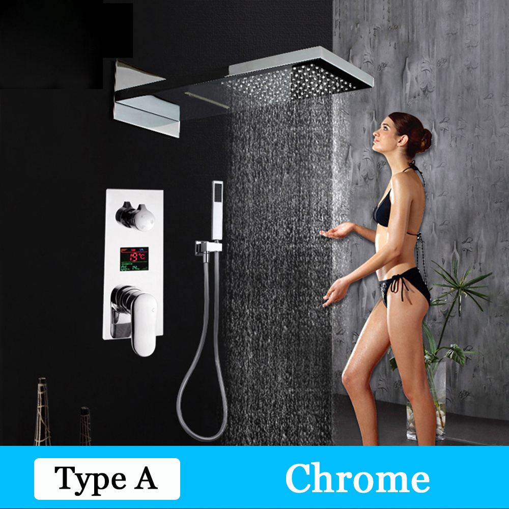 Luxury Bath Shower Mixer Kits Digital Display Wall Mounted Rain Waterfall Shower Head Chrome Shower Faucet with Handshower