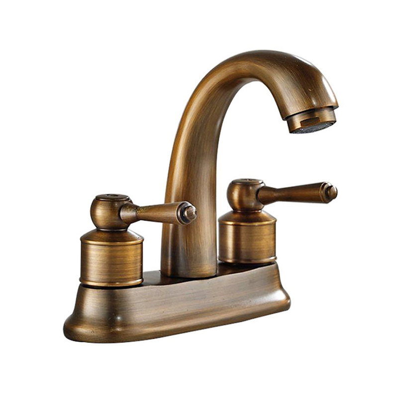 Euro Retro Basin Mixer Faucet Deck Mounted Antique Brass Dual Handles Two Holes Centerset 4