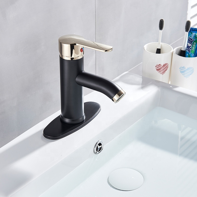 Deck Mount Black Gold Basin Faucet Modern Nordic Style Stainless Steel Bath Mixer Tap One Hole WashBasin Faucet with Plate Cover