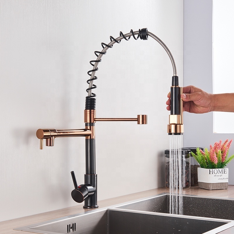 Oil Rubbed Bronze Rose Golden Brass Kitchen Sink Faucet Single Handle Pull Down Spring Kitchen Mixer Tap