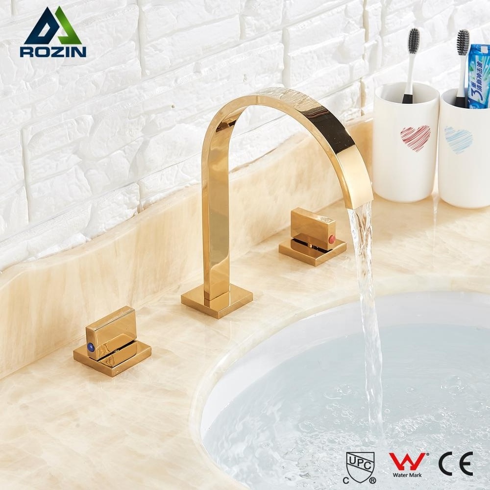 Luxury Golden Polished Brass Bathroom 3 Pcs Basin Sink Faucet Widespread Deck Mounted Washing Mixer Tap Waterfall Faucet Gold