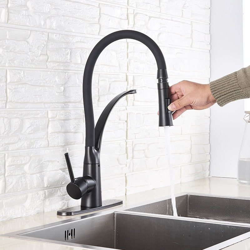 Commercial Black Brass Kitchen Sink Faucet 2 Ways Pull Down Spray Kitchen Mixer Tap Deck Mounted with 10 Inch Cover Plate