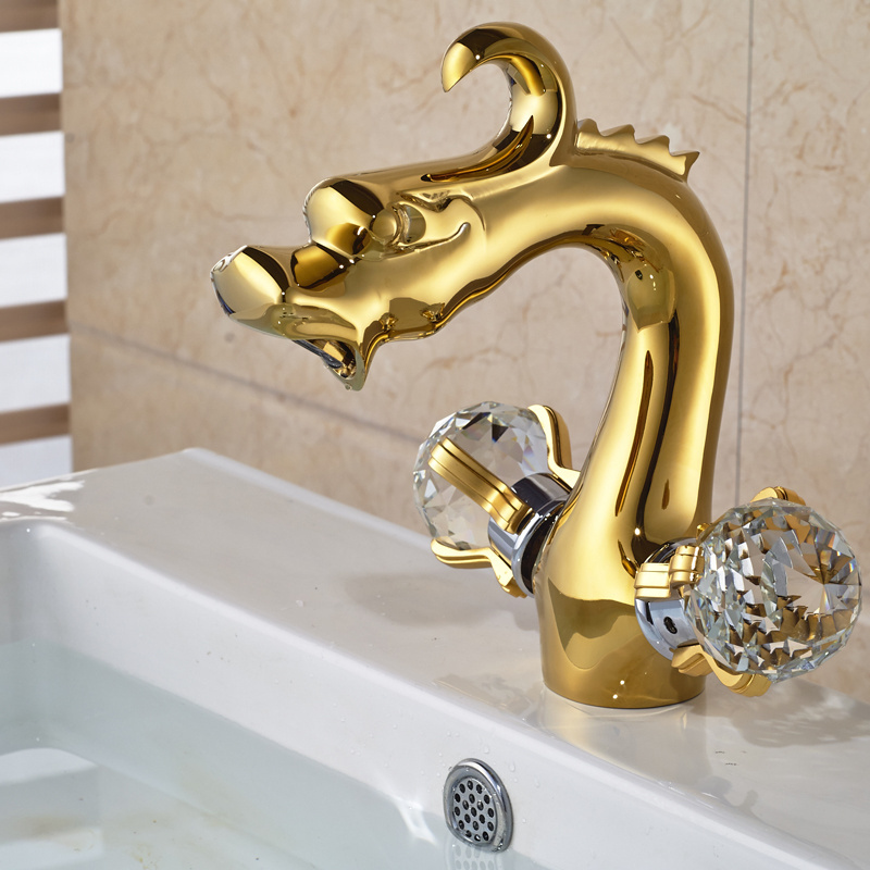 Luxury Golden Dragon Shape Dual Cristal Handles Basin Faucet Bathroom Brass Basin Vanity Sink Mixer Tap