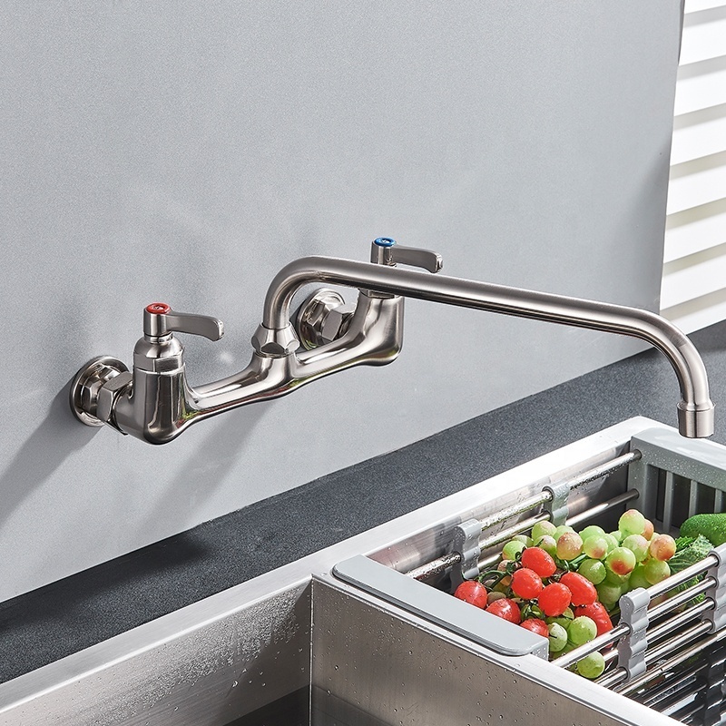 Wall Mounted Long Spout Kitchen Sink Faucet Dual Handle Brushed Nickel Bathroom Kitchen Mixers Rotate Long Nose Hot Cold Taps