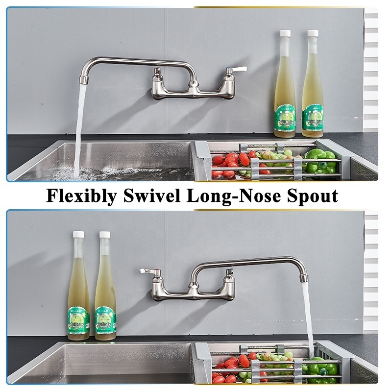 Wall Mounted Long Spout Kitchen Sink Faucet Dual Handle Brushed Nickel Bathroom Kitchen Mixers Rotate Long Nose Hot Cold Taps