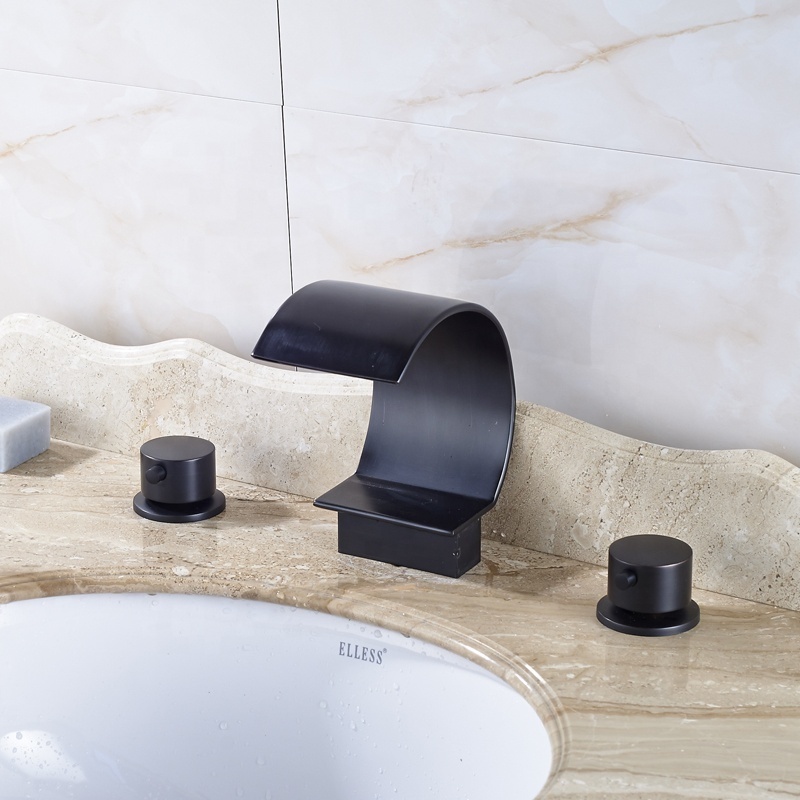 Fashion Curve Design Brass Waterfall Bathroom Vessel Sink Faucet Widespread 3 Holes Black Lavatory Sink Taps