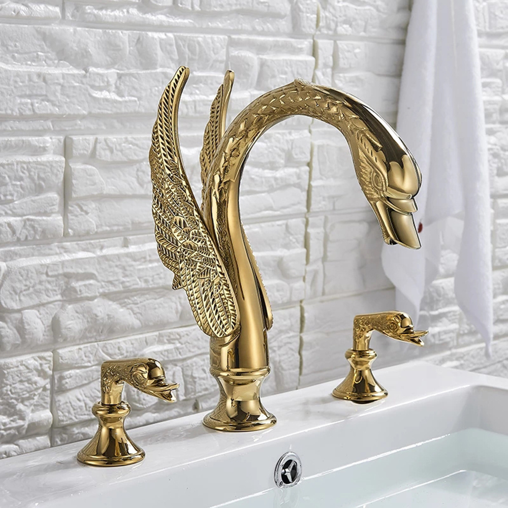 Wholesale Products  Gold Bathroom Sink Faucet Basin Mixer Tap Swan Style Vessel Faucet 2 Handles Basin Taps Bathroom Faucets