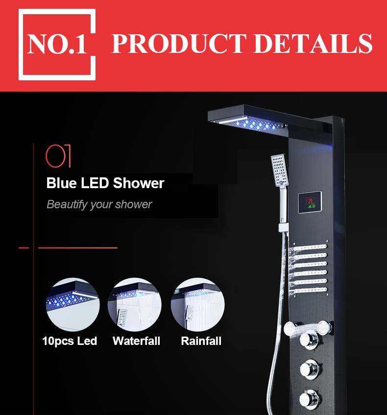 Wall LED Shower Column Rain Waterfall Shower Temperature Screen Handshower Massage SPA Jet Three Handles Mixer Taps Set Faucet