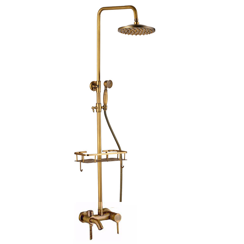 Luxury Bath Shower Faucet with Long Tub Spout Dual Handle Rainfall Shower Mixer Sets Brass Shelf Handshower Swivel Tub Spout