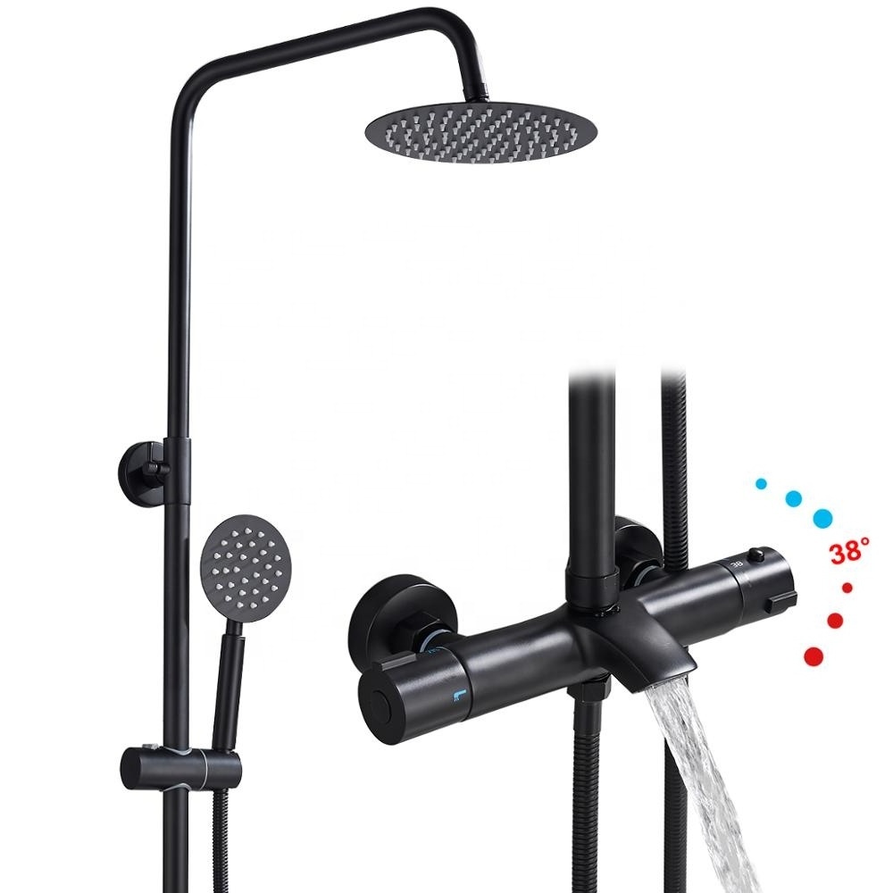 Commercial Black Thermostatic Rainfall Shower Faucet Set 8 Inch Ultrathin Stainless Steel Shower Head Bath Shower Kits Tub Spout