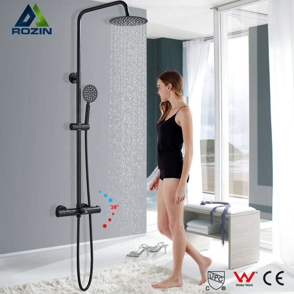 Commercial Black Thermostatic Rainfall Shower Faucet Set 8 Inch Ultrathin Stainless Steel Shower Head Bath Shower Kits Tub Spout