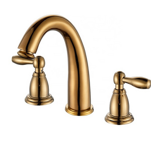 Rozin Luxury Golden 3 Pcs Basin Faucet Sets Dual Handle Widespread Bathroom Sink Faucet Brass Bath Washing Mixer Tap Deck Mount