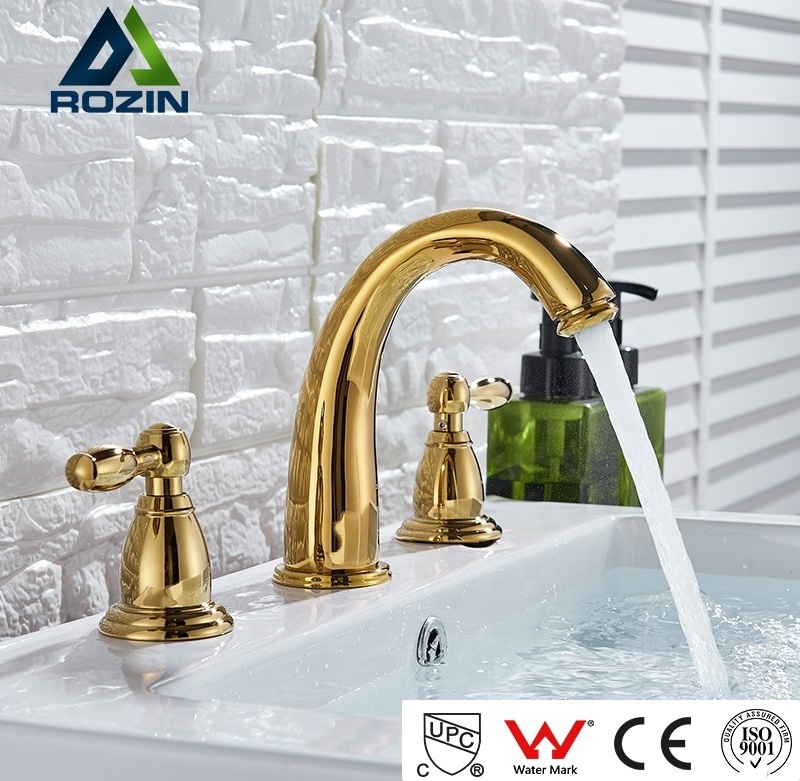 Rozin Luxury Golden 3 Pcs Basin Faucet Sets Dual Handle Widespread Bathroom Sink Faucet Brass Bath Washing Mixer Tap Deck Mount