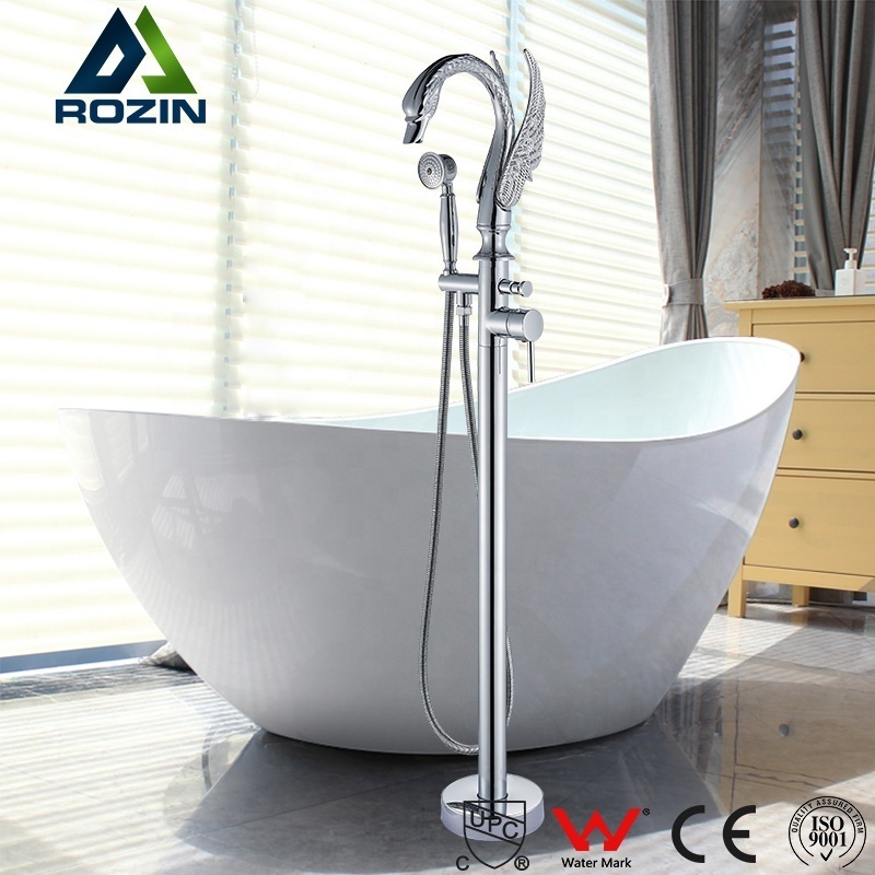 Chrome Bathroom Faucet Floor Mount Carved Swan Spout Bathtub Shower Hot and Cold Mixer Tap Free Standing Brass Handshower