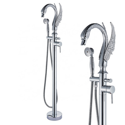 Chrome Bathroom Faucet Floor Mount Carved Swan Spout Bathtub Shower Hot and Cold Mixer Tap Free Standing Brass Handshower