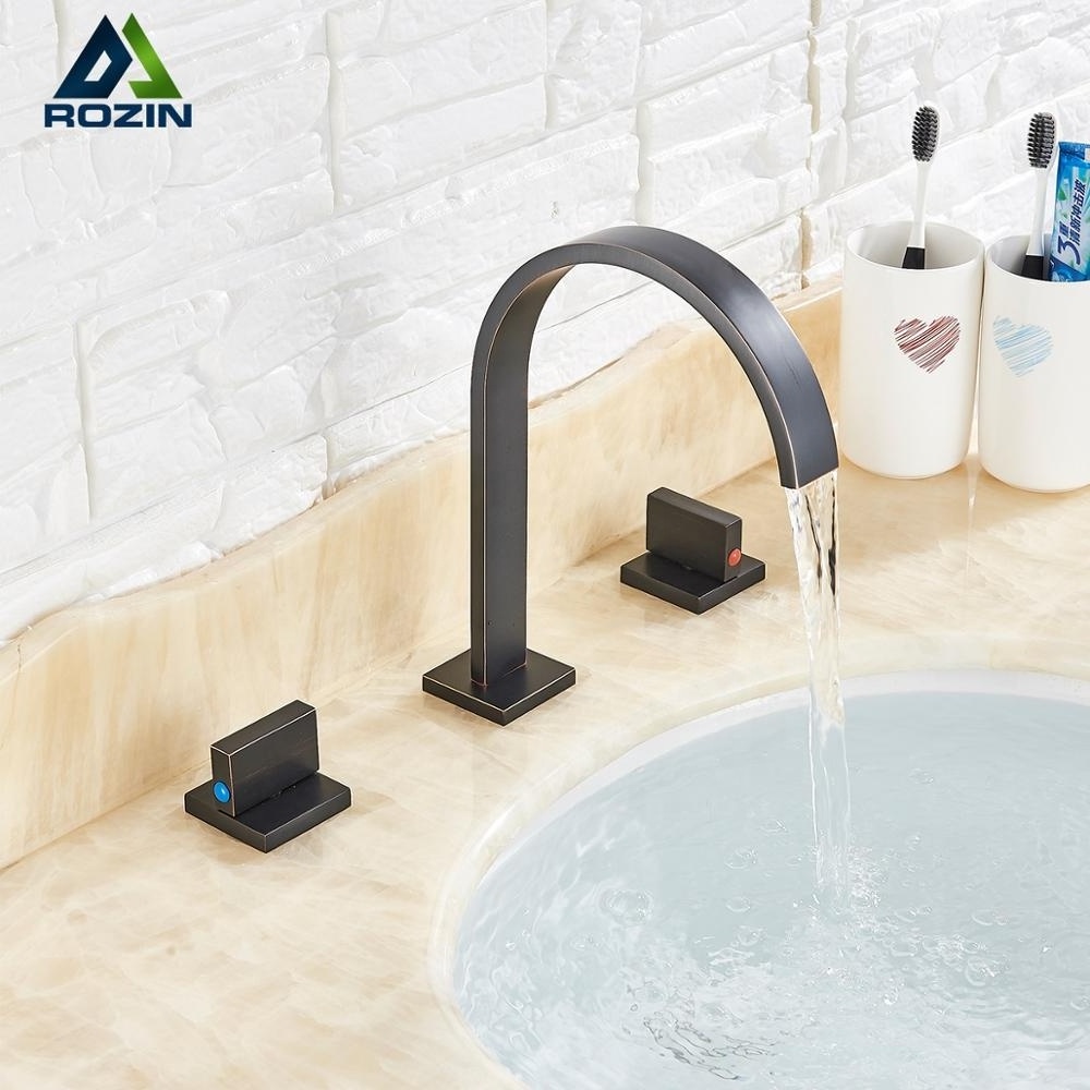 Modern Bronze Black Bathroom 3 Pcs Basin Sink Faucet Widespread Deck Mounted Washing Mixer Tap Waterfall Faucet