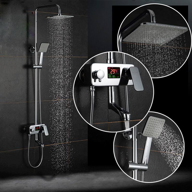 Luxury Digital Display 8 Inch Rainfall Bath Shower Faucet In Wall Rotation Tub Spout Shower Mixer Set with Handheld Spray