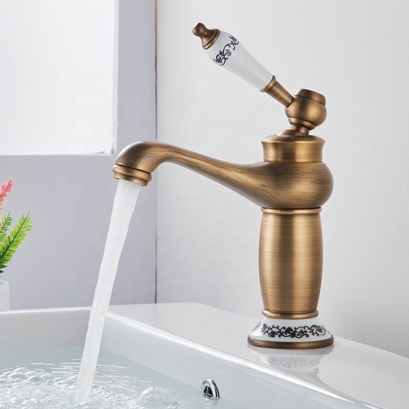 Euro Retro Bronze Brass Bathroom Vanity Sink Faucet Single Ceramic Handles Antique Brass Basin Faucet Hot Cold Wash Basin Mixer