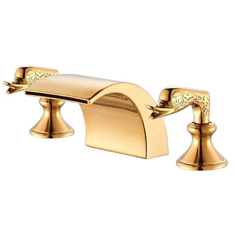 Golden Polished Brass 3 Pcs Bathroom Faucet Widespread Dual Swan Handle Washing Mixer Tap Waterfall Faucet Gold