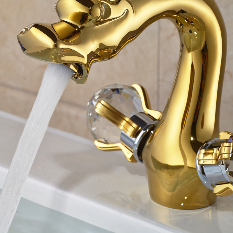 Luxury Golden Dragon Shape Dual Cristal Handles Basin Faucet Bathroom Brass Basin Vanity Sink Mixer Tap