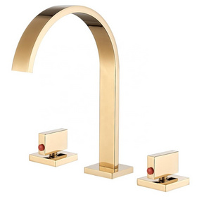 Luxury Golden Polished Brass Bathroom 3 Pcs Basin Sink Faucet Widespread Deck Mounted Washing Mixer Tap Waterfall Faucet Gold