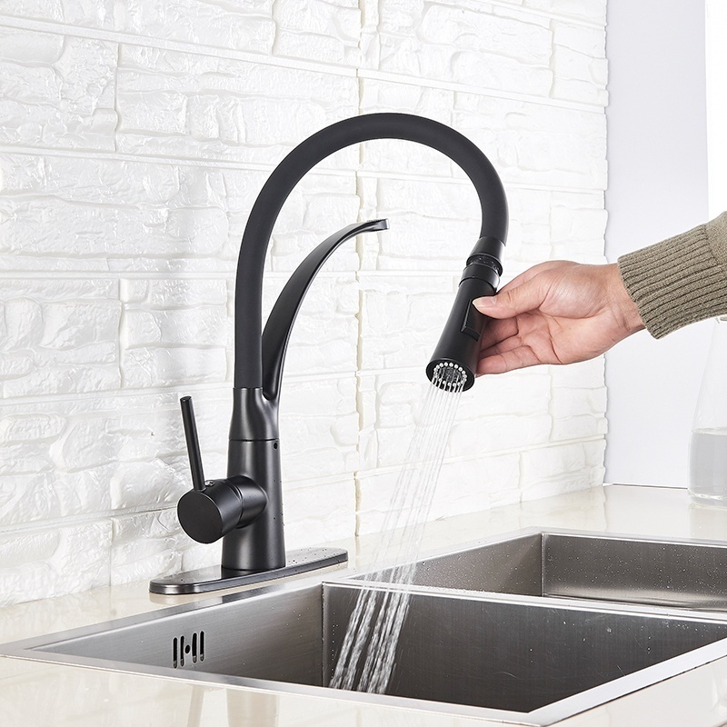 Commercial Black Brass Kitchen Sink Faucet 2 Ways Pull Down Spray Kitchen Mixer Tap Deck Mounted with 10 Inch Cover Plate