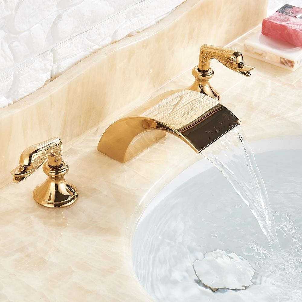 Golden Polished Brass 3 Pcs Bathroom Faucet Widespread Dual Swan Handle Washing Mixer Tap Waterfall Faucet Gold