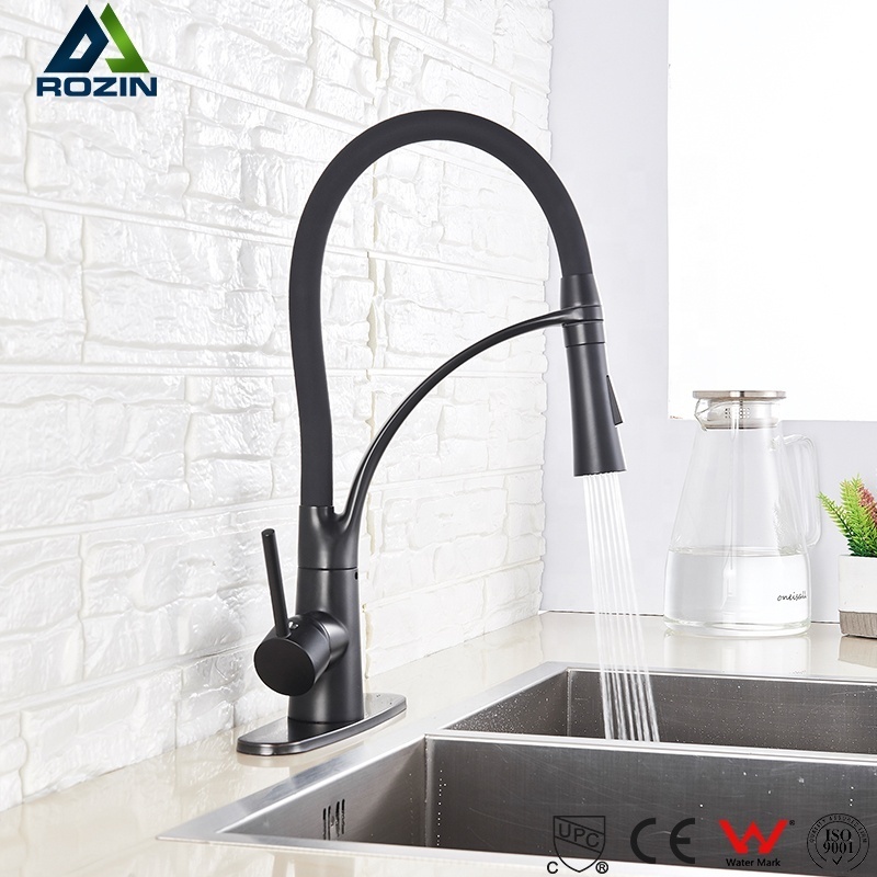 Commercial Black Brass Kitchen Sink Faucet 2 Ways Pull Down Spray Kitchen Mixer Tap Deck Mounted with 10 Inch Cover Plate