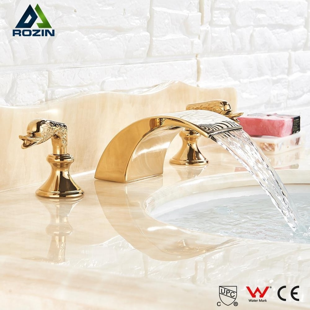 Golden Polished Brass 3 Pcs Bathroom Faucet Widespread Dual Swan Handle Washing Mixer Tap Waterfall Faucet Gold