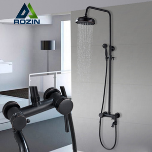 Rozin Black Rain Shower Faucet 8 Inch Round Shower Head Bathroom Rainfall Shower Sets Wall Mounted Tub Spout with diverter