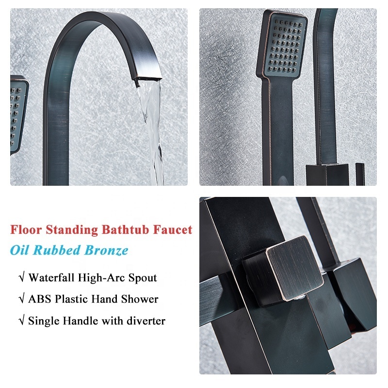 Waterfall Bath Shower Faucet Black Bronze Floor Mounted Bathtub Mixer Faucet with Handshower Freestanding Clawfoot Tub Sink Tap