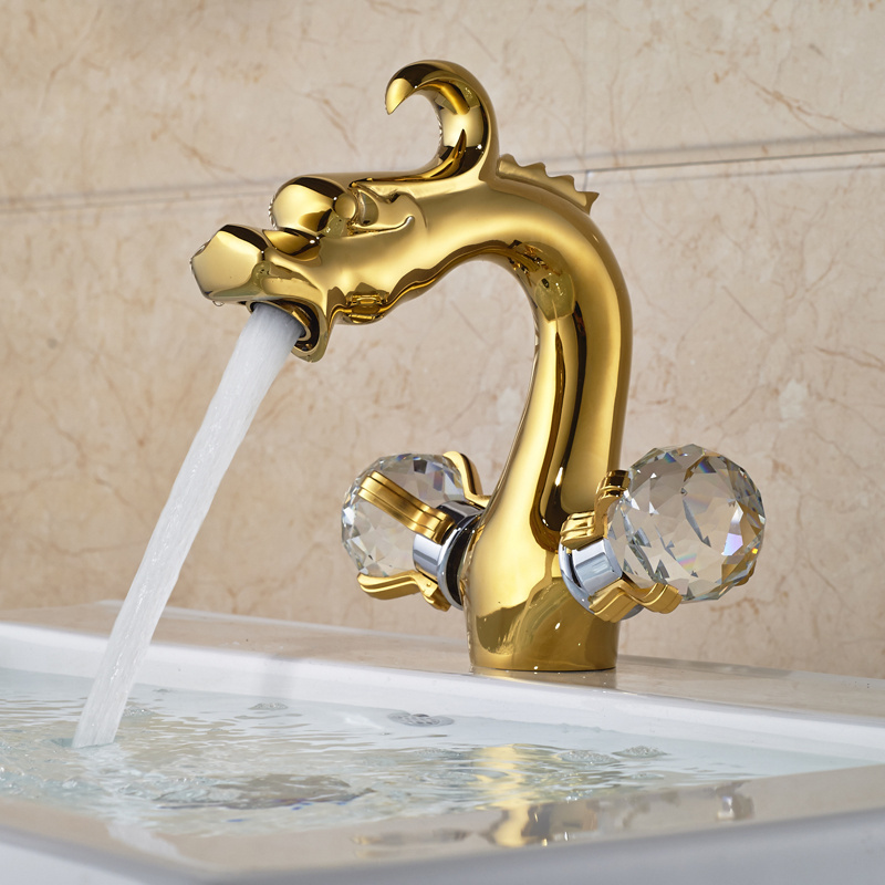 Luxury Golden Dragon Shape Dual Cristal Handles Basin Faucet Bathroom Brass Basin Vanity Sink Mixer Tap