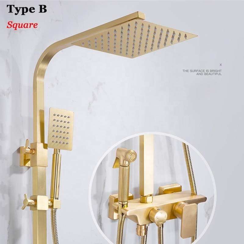 Matte Gold Rain Shower Faucet Set Ultra-thin Shower Head Saving Water Toilet Sprayer Tub Spout Brushed Gold Bathroom Shower Kits