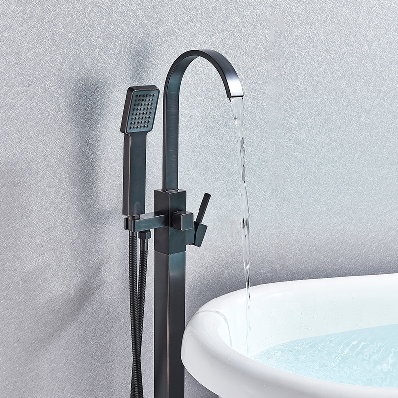 Waterfall Bath Shower Faucet Black Bronze Floor Mounted Bathtub Mixer Faucet with Handshower Freestanding Clawfoot Tub Sink Tap