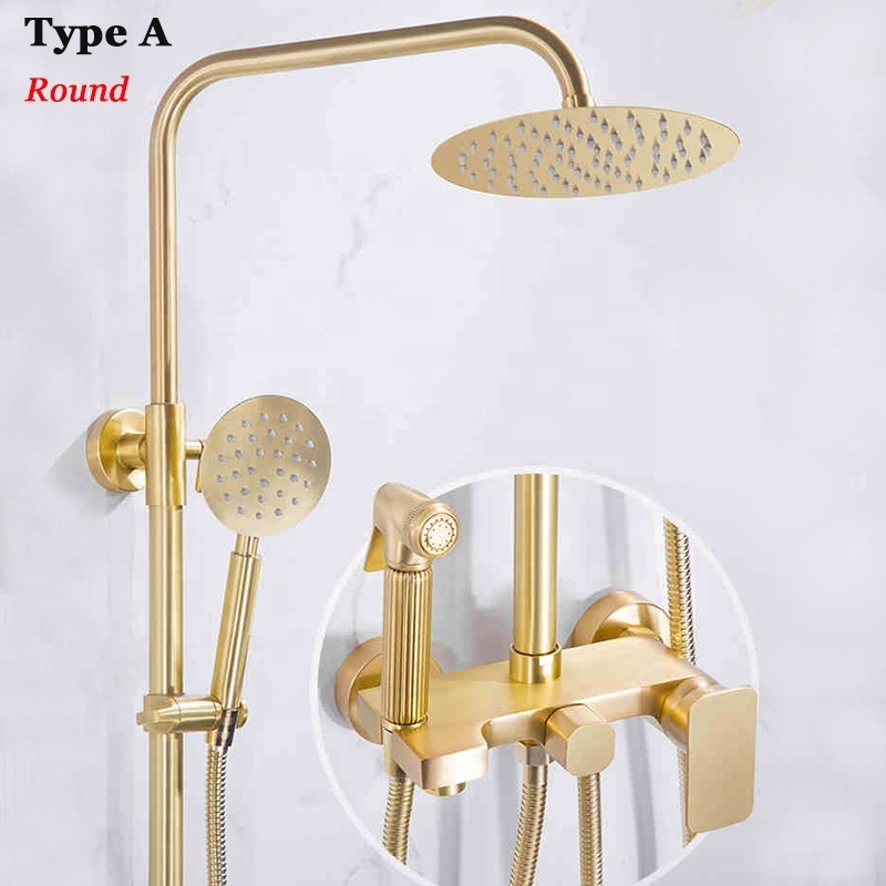 Matte Gold Rain Shower Faucet Set Ultra-thin Shower Head Saving Water Toilet Sprayer Tub Spout Brushed Gold Bathroom Shower Kits