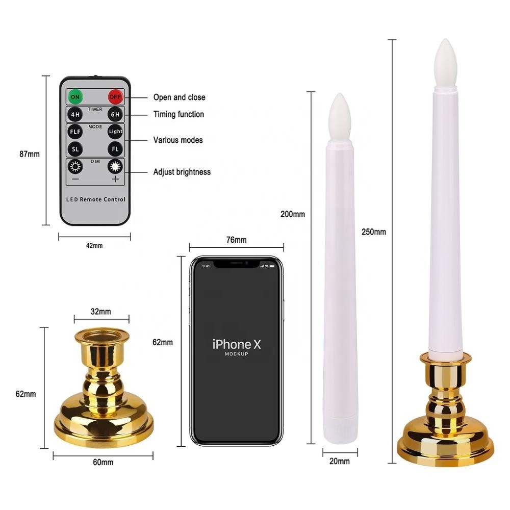 Set of 6 Flameless Battery Operated LED White Taper Window Candles with Timer, Removable Gold Candle Stands With Remote Control