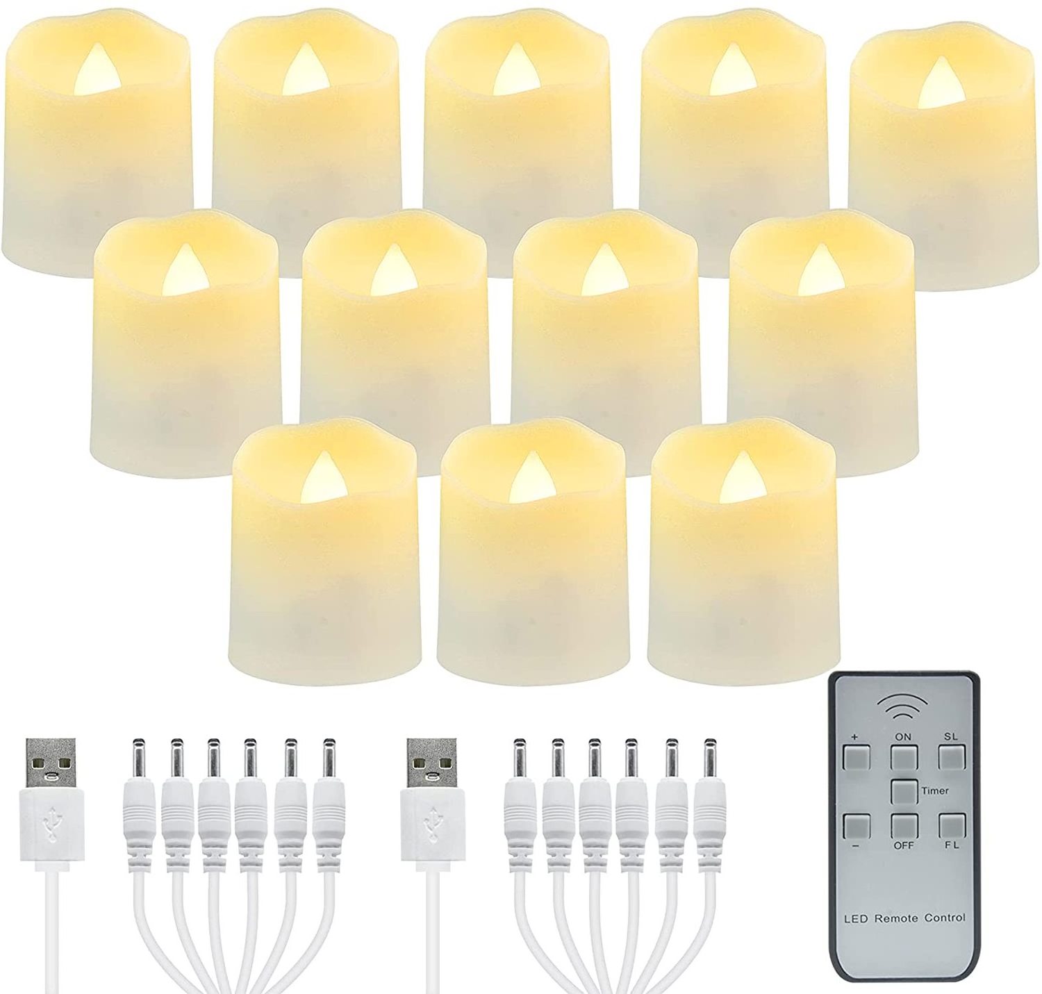 Festival Decor Set of 12pcs Flameless Rechargeable LED Tealight Candle Flicering Remote Timer Cup Candle White