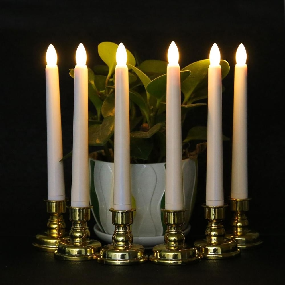 Set of 6 Flameless Battery Operated LED White Taper Window Candles with Timer, Removable Gold Candle Stands With Remote Control