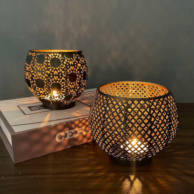 Metal Candle Holders with Pattern for Table Centerpiece Decoration Black Round Tea Light Votive Candle Holder